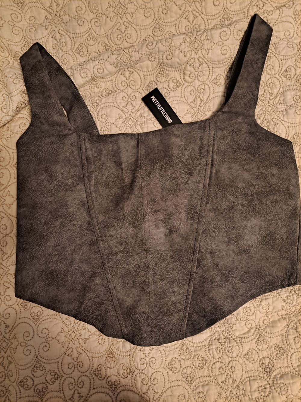 PrettyLittleThing Charcoal Faux-Leather Cropped Bustier Top